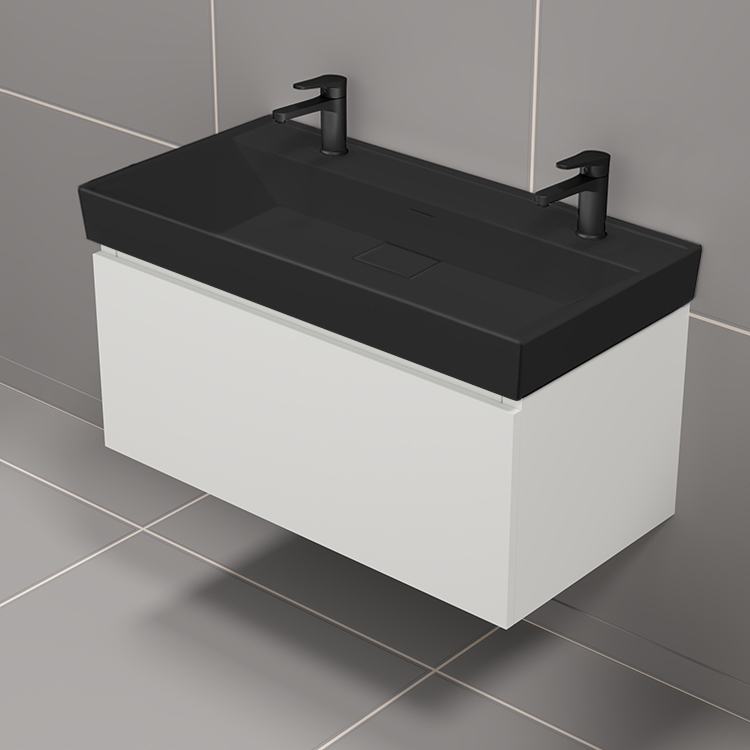 Nameeks SHARP35 Modern Double Bathroom Vanity With Black Sink, Wall Mount, 40 Inch, Glossy White